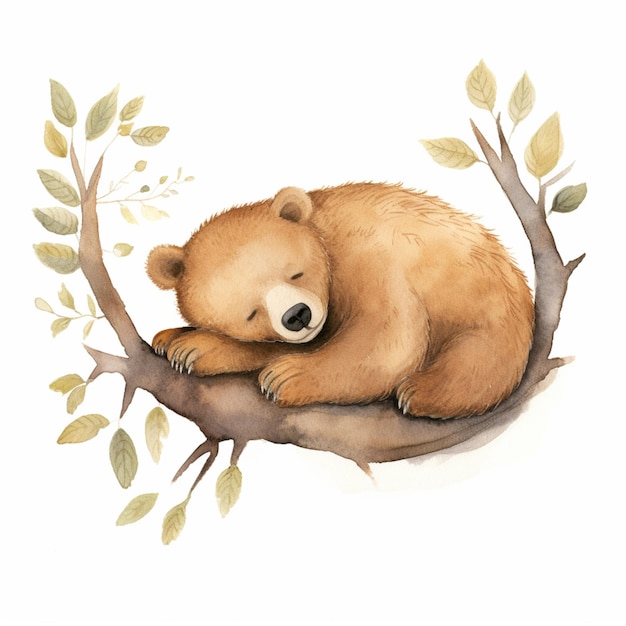 Il y a un ours qui dort sur une branche d'arbre.