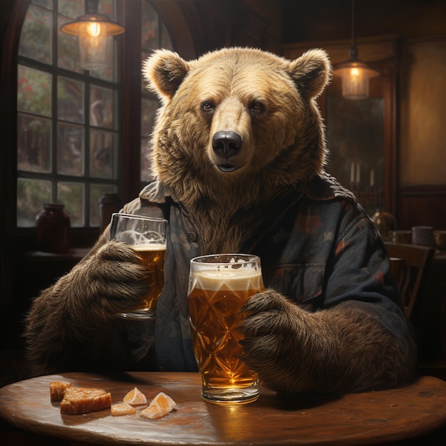 Il y a un ours qui tient un verre de bière.