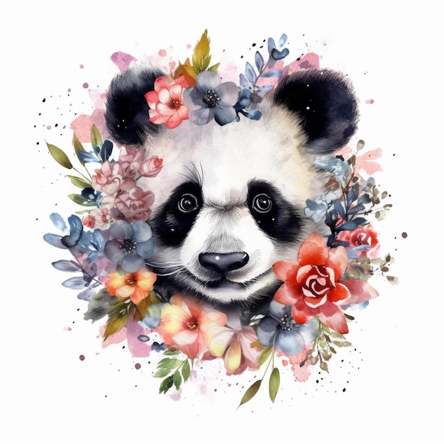 Il y a un panda avec des fleurs autour de son cou ai générative