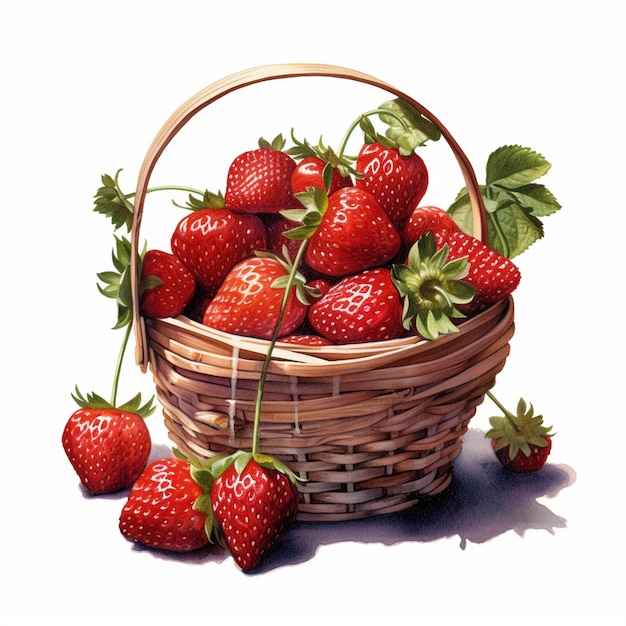 Il y a un panier de fraises avec des feuilles vertes dessus ai générative