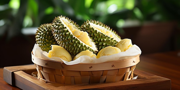 Il y a un panier de fruits durians sur un plateau en bois ai génératif