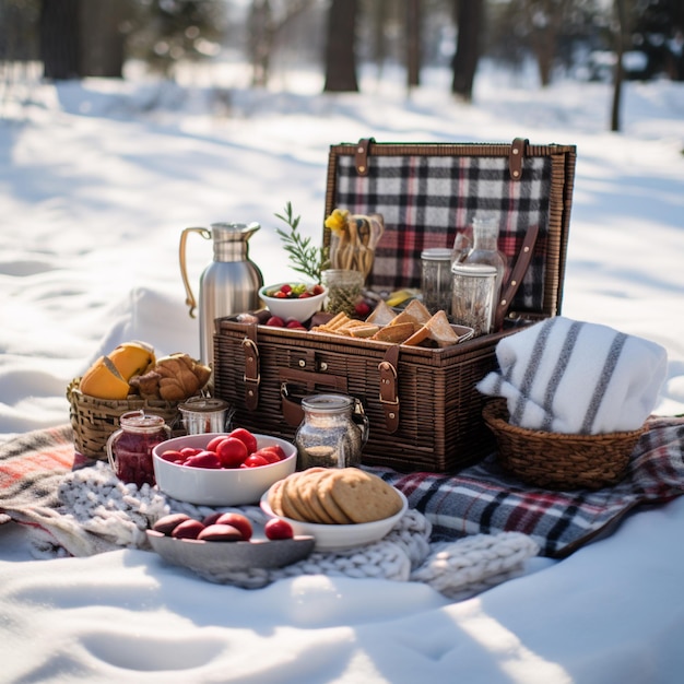Photo il y a un panier de pique-nique avec de la nourriture sur une couverture dans la neige.