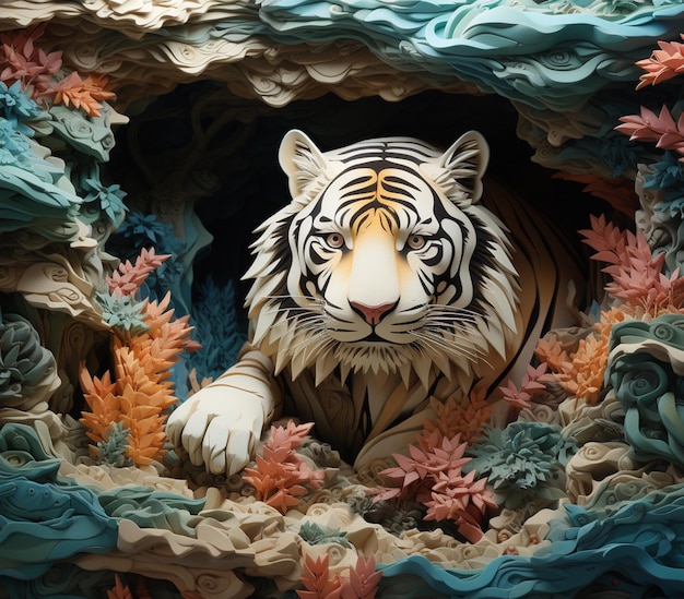 Photo il y a un papier mâché d'un tigre dans une grotte.