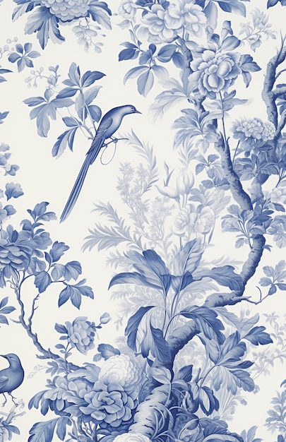Photo il y a un papier peint bleu et blanc avec un oiseau et des fleurs générative ai