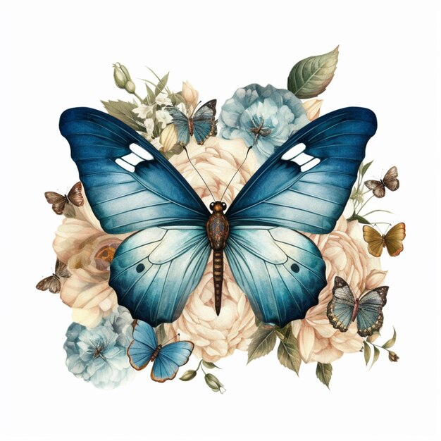 Il y a un papillon avec des ailes bleues et des fleurs sur un fond blanc.