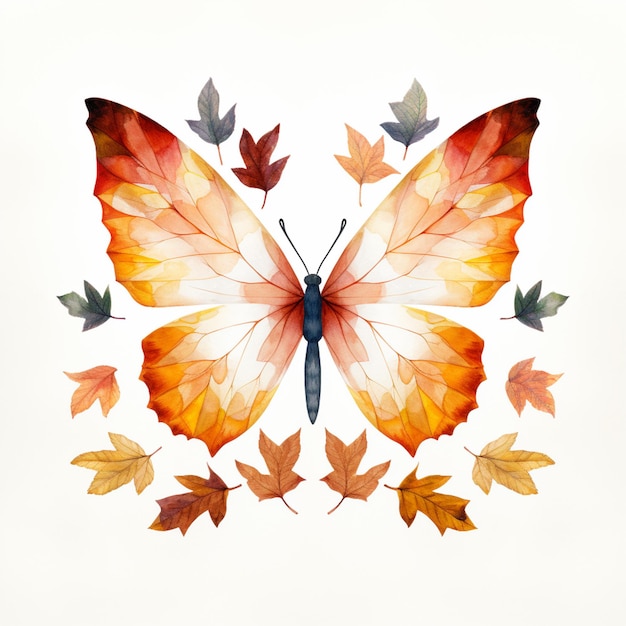 Il y a un papillon avec des ailes orange et des feuilles en forme de cercle génératif ai