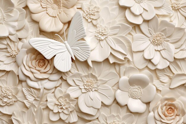 Il y a un papillon blanc assis sur un mur de fleurs blanches générative ai