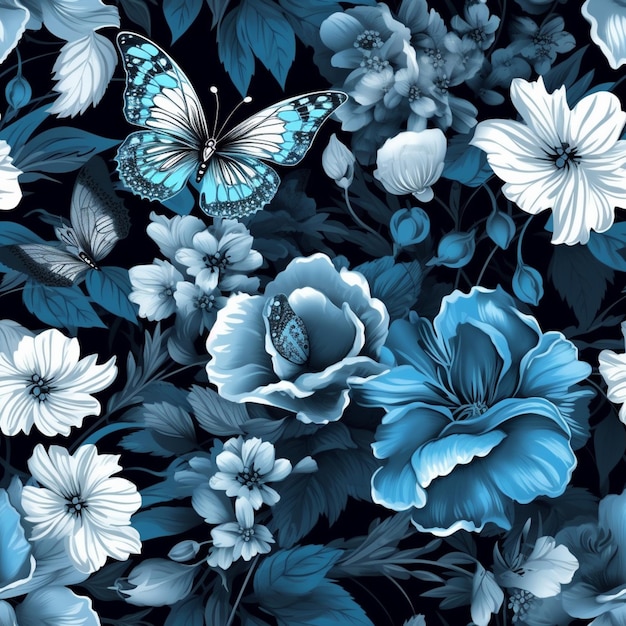 Il y a un papillon bleu volant au-dessus d'une ai générative de fleur bleue