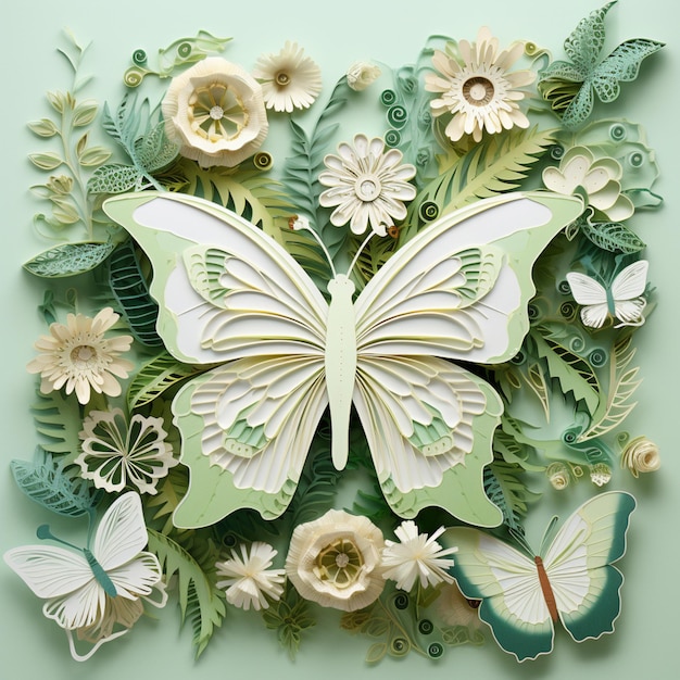 il y a un papillon découpé en papier entouré de fleurs et de feuilles générative ai