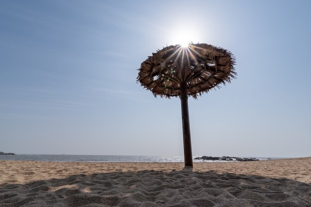 Il y a des parasols d'herbe sur la plage en été