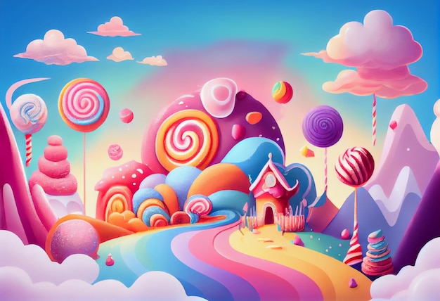 Il y a un pays de bonbons colorés avec une ai générative de maison de couleur arc-en-ciel