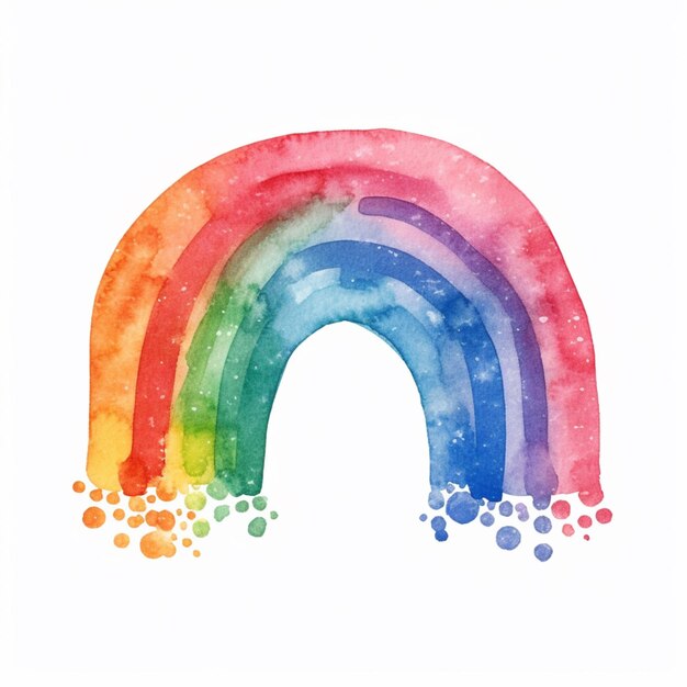 Il y a une peinture à l'aquarelle d'un arc-en-ciel avec des points dessus.