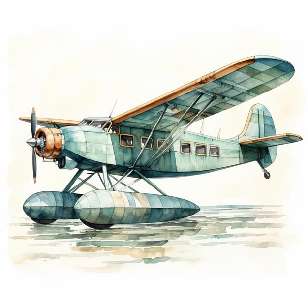 Il y a une peinture à l'aquarelle d'un avion qui flotte sur l'eau générative ai