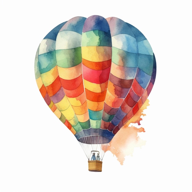 Il y a une peinture à l'aquarelle d'un ballon à air chaud volant.