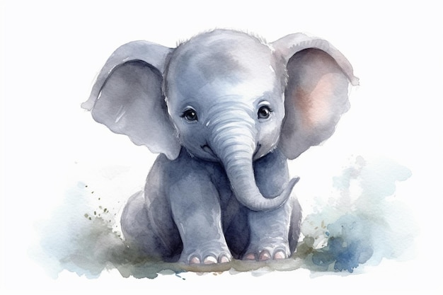 Il y a une peinture à l'aquarelle d'un bébé éléphant assis.