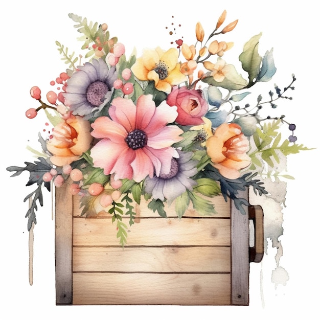 Il y a une peinture à l'aquarelle d'une boîte en bois avec des fleurs.