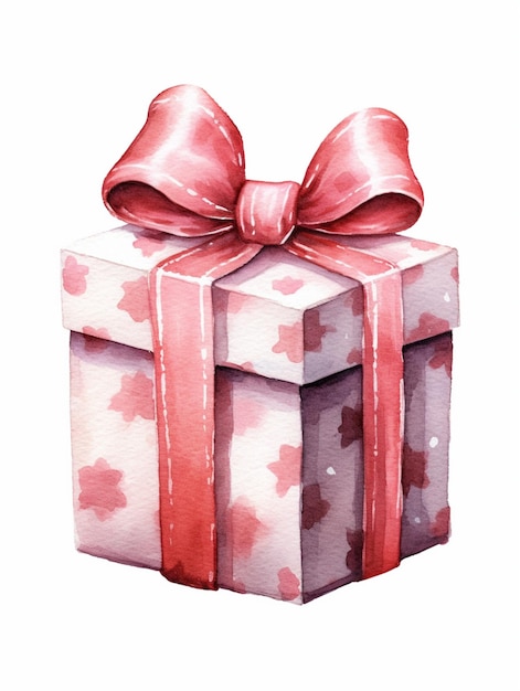 Il y a une peinture à l'aquarelle d'une boîte cadeau rose avec un arc génératif ai