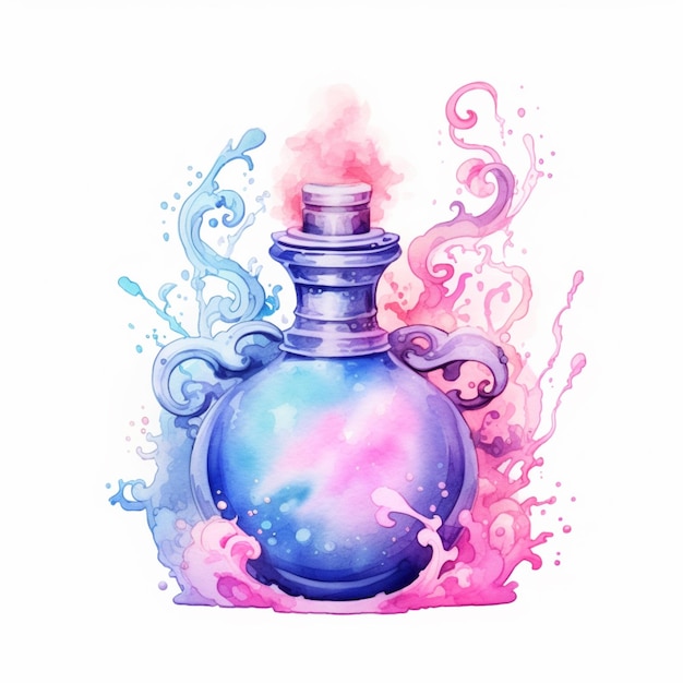 Il y a une peinture à l'aquarelle d'une bouteille avec un liquide génératif rose et bleu ai