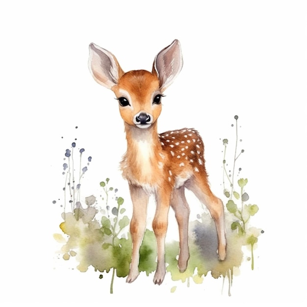 Il y a une peinture à l'aquarelle d'un cerf debout dans l'herbe générative ai