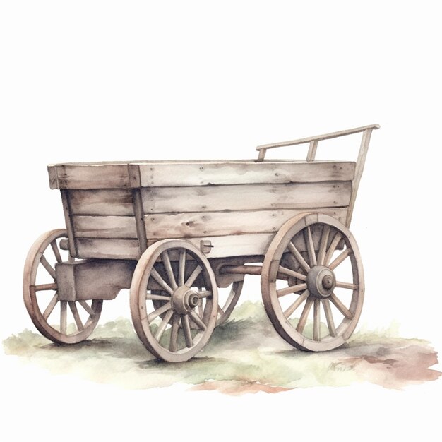 Il y a une peinture à l'aquarelle d'un chariot avec un siège en bois.