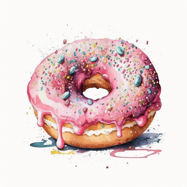 Il y a une peinture à l'aquarelle d'un donut avec des éclaboussures.