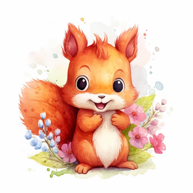 Il y a une peinture à l'aquarelle d'un écureuil avec des fleurs générative ai
