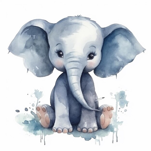 Il y a une peinture à l'aquarelle d'un éléphant assis.