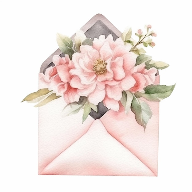 Il y a une peinture à l'aquarelle d'une enveloppe rose avec des fleurs générative ai