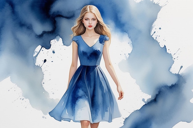 Il y a une peinture à l'aquarelle d'une fille portant une robe bleue.