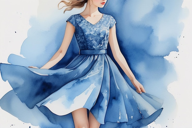 Il y a une peinture à l'aquarelle d'une fille portant une robe bleue.