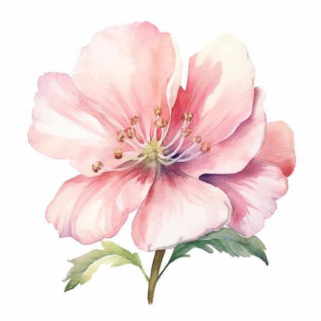 Il y a une peinture à l'aquarelle d'une fleur rose sur un fond blanc.