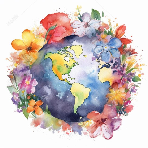 Il y a une peinture à l'aquarelle d'un globe avec des fleurs autour de lui.