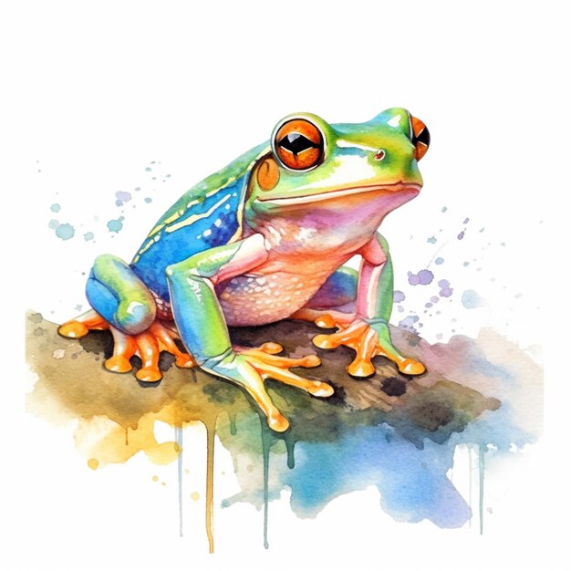 Il y a une peinture à l'aquarelle d'une grenouille assise sur une roche générative ai