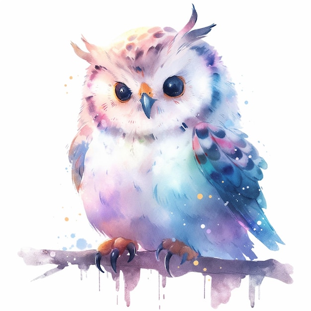 Il y a une peinture à l'aquarelle d'un hibou coloré assis sur une branche générative ai