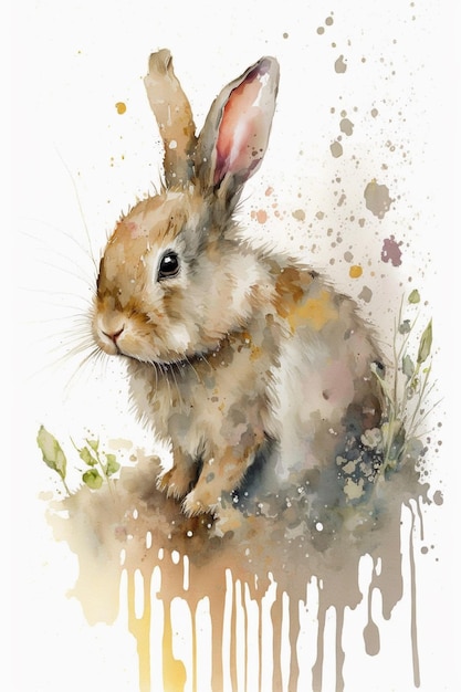 Il y a une peinture à l'aquarelle d'un lapin assis dans l'herbe générative ai