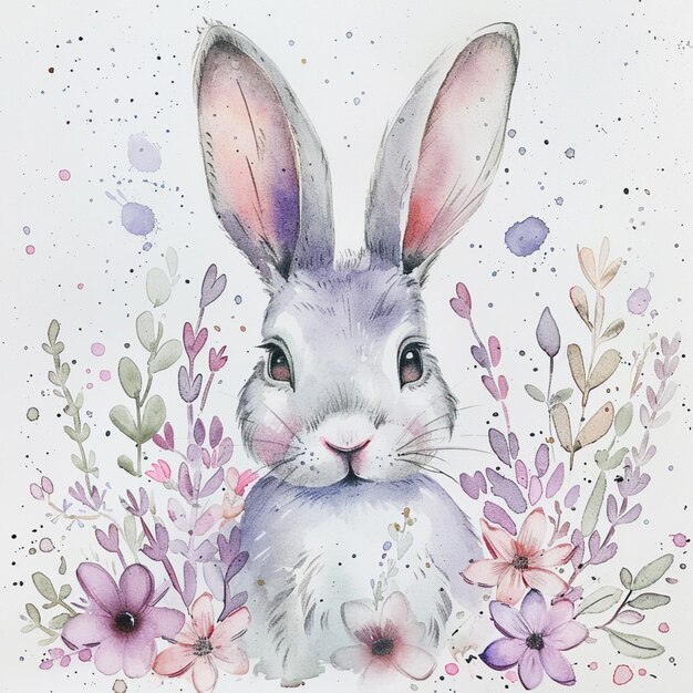 Il y a une peinture à l'aquarelle d'un lapin avec des fleurs.