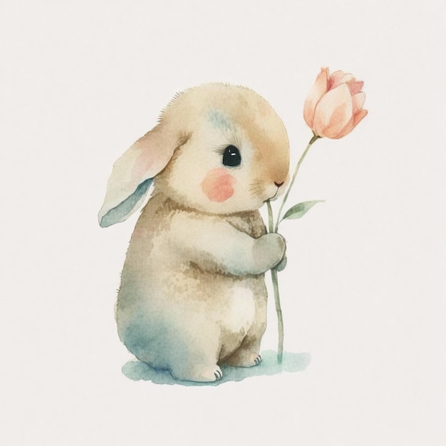 Photo il y a une peinture à l'aquarelle d'un lapin tenant une fleur générative ai