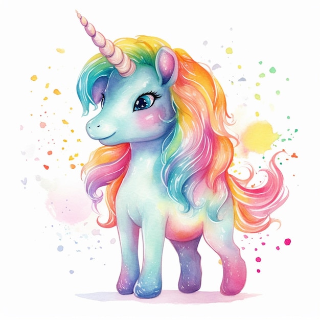 Il y a une peinture à l'aquarelle d'une licorne avec une crinière arc-en-ciel.