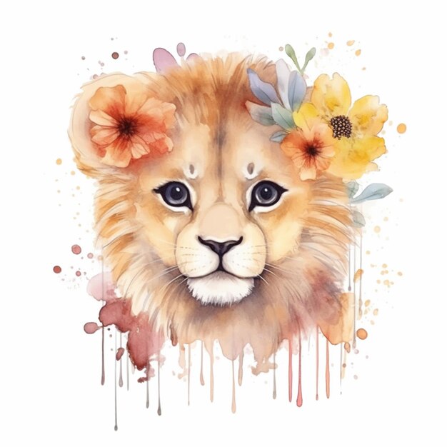 Il y a une peinture à l'aquarelle d'un lion avec des fleurs sur sa tête.