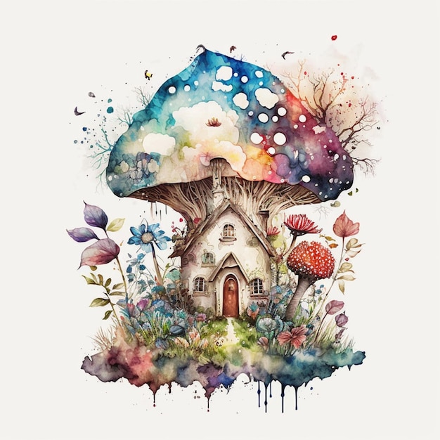 Il y a une peinture à l'aquarelle d'une maison et de champignons génératifs ai