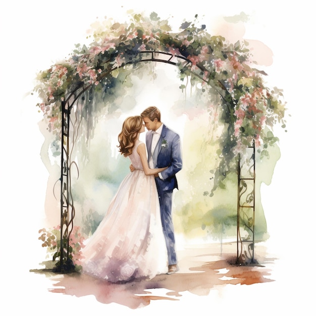 Il y a une peinture à l'aquarelle d'une mariée et d'un marié s'embrassant sous un arc floral.
