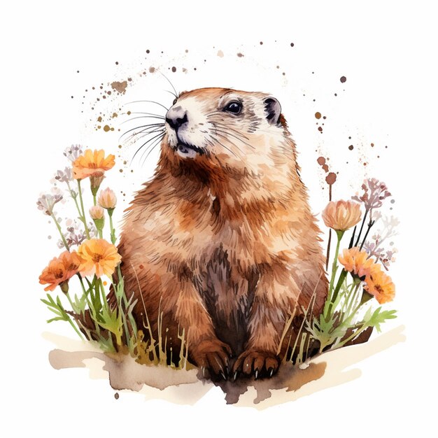 Il y a une peinture à l'aquarelle d'une marmotte assise dans l'herbe générative ai