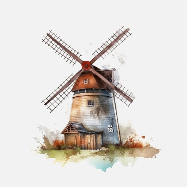 Il y a une peinture à l'aquarelle d'un moulin à vent sur un fond blanc.