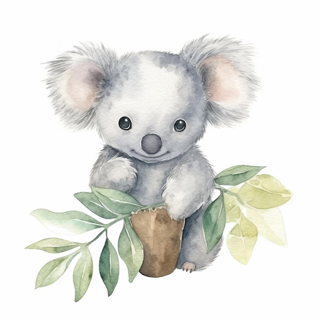 Photo il y a une peinture à l'aquarelle d'un ours koala assis sur une branche générative ai