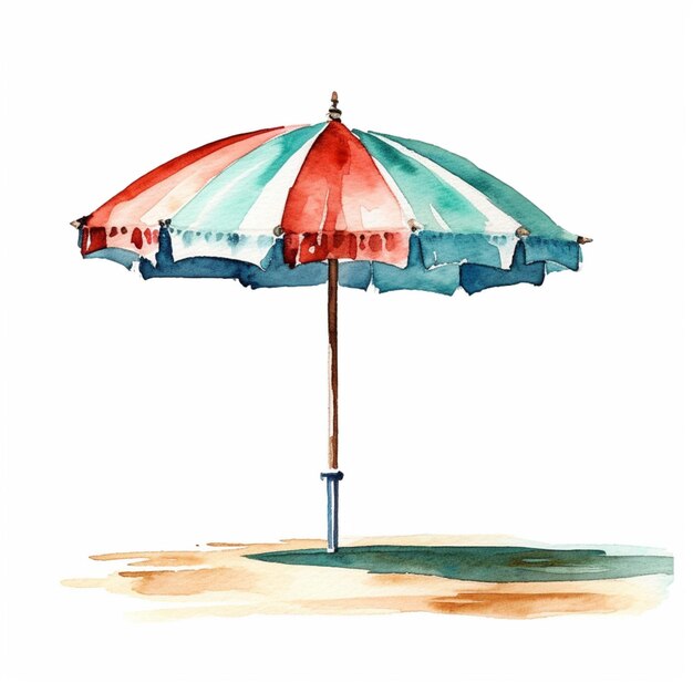 Il y a une peinture à l'aquarelle d'un parapluie de plage sur la plage.