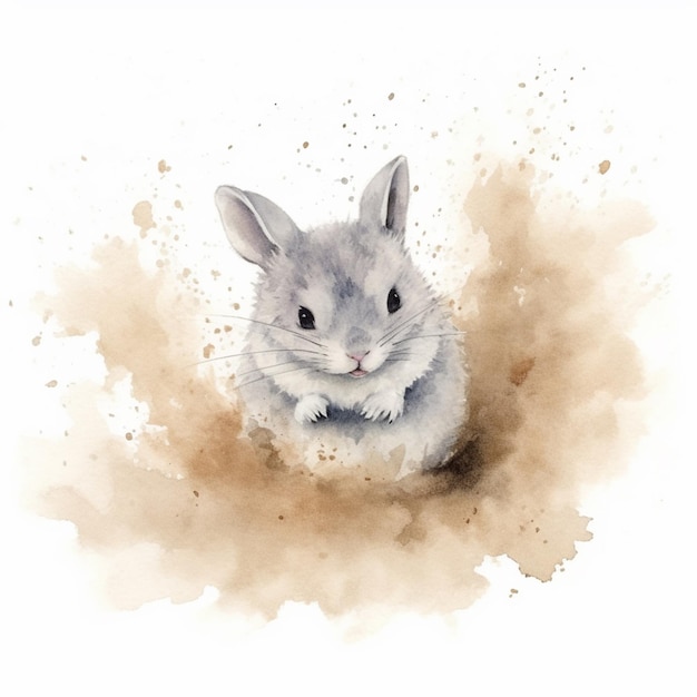 Il y a une peinture à l'aquarelle d'un petit lapin assis dans la saleté.