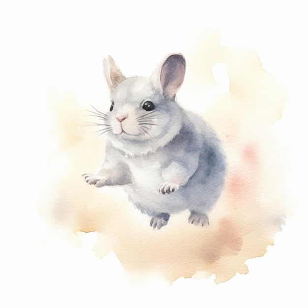 Il y a une peinture à l'aquarelle d'un petit lapin sur un fond blanc.