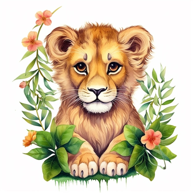Il y a une peinture à l'aquarelle d'un petit lion assis dans l'herbe générative ai