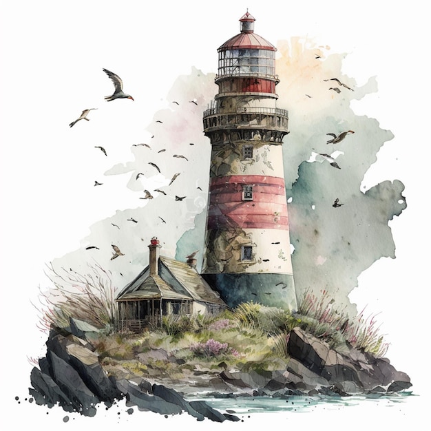 Il y a une peinture à l'aquarelle d'un phare sur une île rocheuse.