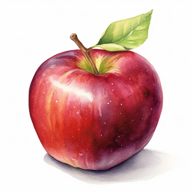 Il y a une peinture à l'aquarelle d'une pomme avec une feuille dessus.